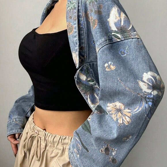MODA ME COUTURE Jackets & Blazers - Medium Wash Casual Women's Floral Printed Open-Front Denim Jacket Y2k